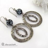 Sterling Silver Double Hoop Earrings with Black Snowflake Obsidian Stones - Artisan Handmade Bold Modern Contemporary Jewelry