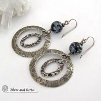 Sterling Silver Double Hoop Earrings with Black Snowflake Obsidian Stones - Artisan Handmade Bold Modern Contemporary Jewelry