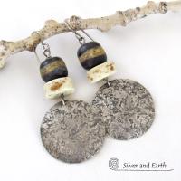 Rustic Hammered Sterling Silver Earrings with African Glass and Bone Beads - Bold Ethnic Tribal Style Jewelry 