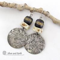 Rustic Hammered Sterling Silver Earrings with African Glass and Bone Beads - Bold Ethnic Tribal Style Jewelry 