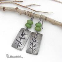 These handcrafted silver pewter earrings have a hand stamped twig design accented with natural green serpentine gemstones. Lightweight and comfortable to wear - they have a modern, earthy style and will make a great gift for a nature lover. Handmade in the USA by Silver and Earth Jewelry.