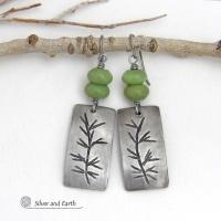 These handcrafted silver pewter earrings have a hand stamped twig design accented with natural green serpentine gemstones. Lightweight and comfortable to wear - they have a modern, earthy style and will make a great gift for a nature lover. Handmade in the USA by Silver and Earth Jewelry.