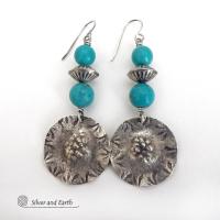 Textured Sterling Silver Earrings with Turquoise Stones and Sterling Silver Beads - Southwestern Style Jewelry