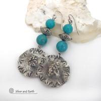 Textured Sterling Silver Earrings with Turquoise Stones and Sterling Silver Beads - Southwestern Style Jewelry