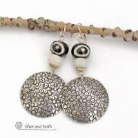 Big Round Sterling Silver Earrings with African Batik Bone & Glass Beads - Bold Ethnic Tribal Style Jewelry