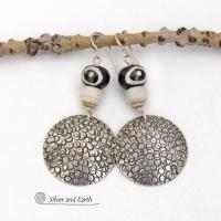 Big Round Sterling Silver Earrings with African Batik Bone & Glass Beads - Bold Ethnic Tribal Style Jewelry