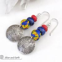 Sterling Silver Earrings with Blue Lapis, Red Coral & Bright Colorful African Glass Beads