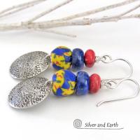 Sterling Silver Earrings with Blue Lapis, Red Coral & Bright Colorful African Glass Beads