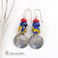 Sterling Silver Earrings with Blue Lapis, Red Coral & Bright Colorful African Glass Beads