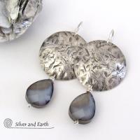 Sterling Silver Earrings with Faceted Gray Glass Crystal Dangles - Artisan Handmade Dressy Modern Jewelry