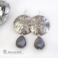 Sterling Silver Earrings with Faceted Gray Glass Crystal Dangles - Artisan Handmade Dressy Modern Jewelry