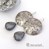 Sterling Silver Earrings with Faceted Gray Glass Crystal Dangles - Artisan Handmade Dressy Modern Jewelry