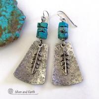 Sterling Silver Earrings with Turquoise and Feathers - Modern Southwest Style Jewelry