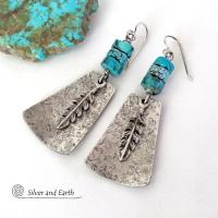 Sterling Silver Earrings with Turquoise and Feathers - Modern Southwest Style Jewelry