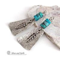 Sterling Silver Earrings with Turquoise and Feathers - Modern Southwest Style Jewelry