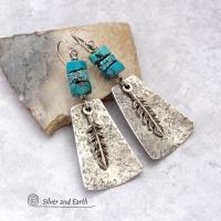 Sterling Silver Earrings with Turquoise and Feathers - Modern Southwest Style Jewelry