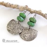 Rustic Hammered Sterling Silver Earrings with Earthy Natural Green Serpentine Stones 