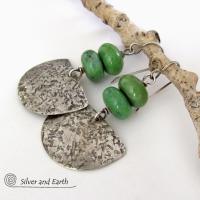 Rustic Hammered Sterling Silver Earrings with Earthy Natural Green Serpentine Stones 