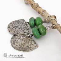 Rustic Hammered Sterling Silver Earrings with Earthy Natural Green Serpentine Stones 