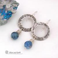 Sterling Silver Circle Hoop Earrings with Natural Blue Aquamarine Gemstones - March Birthstone Jewelry