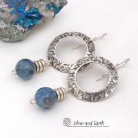 Sterling Silver Circle Hoop Earrings with Natural Blue Aquamarine Gemstones - March Birthstone Jewelry