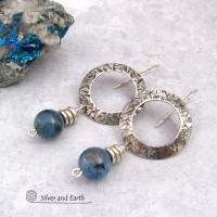 Sterling Silver Circle Hoop Earrings with Natural Blue Aquamarine Gemstones - March Birthstone Jewelry