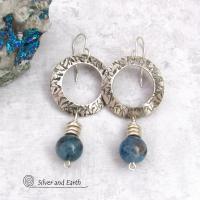 Sterling Silver Circle Hoop Earrings with Natural Blue Aquamarine Gemstones - March Birthstone Jewelry