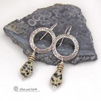 Sterling Silver Circle Hoop Earrings with Dalmatian Jasper Stones - Earthy Natural Gemstone Jewelry