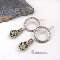 Sterling Silver Circle Hoop Earrings with Dalmatian Jasper Stones - Earthy Natural Gemstone Jewelry