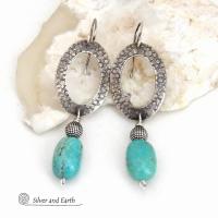 Hand Stamped Sterling Silver Oval Hoop Dangle Earrings with Natural Turquoise Stones
