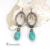 These handcrafted earrings feature hand stamped sterling silver oval hoops accented with natural turquoise stone nuggets and textured silver plated beads. They have a chic modern style with touch of southwestern flair that will coordinate beautifully with all wardrobe types. 