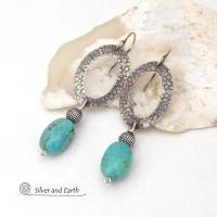 Hand Stamped Sterling Silver Oval Hoop Dangle Earrings with Natural Turquoise Stones