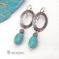 Hand Stamped Sterling Silver Oval Hoop Dangle Earrings with Natural Turquoise Stones