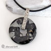 Black Silver Leaf Jasper & Sterling Silver Pendant Necklace - One of a Kind Earthy Natural Stone Jewelry