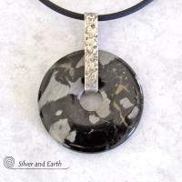 Black Silver Leaf Jasper & Sterling Silver Pendant Necklace - One of a Kind Earthy Natural Stone Jewelry