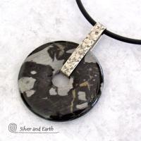 Black Silver Leaf Jasper & Sterling Silver Pendant Necklace - One of a Kind Earthy Natural Stone Jewelry