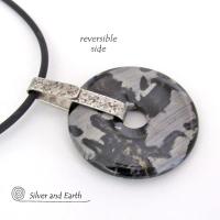 Black Silver Leaf Jasper & Sterling Silver Pendant Necklace - One of a Kind Earthy Natural Stone Jewelry