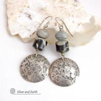 Rustic Hammered Sterling Silver Earrings with Black and Gray Jasper Stones