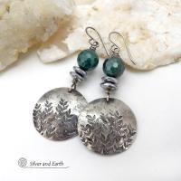 These handcrafted sterling silver earrings feature a hand stamped leaf design and are accented with dark green moss agate gemstones. The stones have a micro-faceted finish which gives off a natural sparkle and shine and are accented them with faceted silver hematite gemstones which also give off a natural sparkle. These earrings have a modern chic and elegant style that coordinates beautifully with all wardrobe types - dressed up or down.