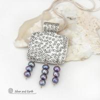 Sterling Silver Necklace with Dangling Blue Freshwater Pearls - Modern Elegant Dressy Jewelry