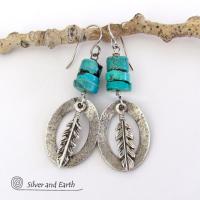 Sterling Silver Earrings with Turquoise and Feathers - Modern Southwestern Style Jewelry