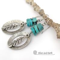 Sterling Silver Earrings with Turquoise and Feathers - Modern Southwestern Style Jewelry