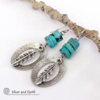 Sterling Silver Earrings with Turquoise and Feathers - Modern Southwestern Style Jewelry