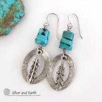 Sterling Silver Earrings with Turquoise and Feathers - Modern Southwestern Style Jewelry