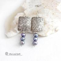 Small Sterling Silver Earrings with Dangling Blue Freshwater Pearls