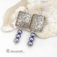 Small Sterling Silver Earrings with Dangling Blue Freshwater Pearls