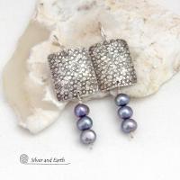 Small Sterling Silver Earrings with Dangling Blue Freshwater Pearls