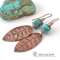 Natural Turquoise & Copper Feather Earrings - Earthy Rustic Southwest Style Jewelry