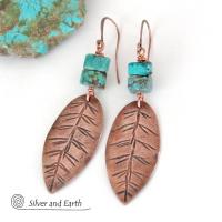 Natural Turquoise & Copper Feather Earrings - Earthy Rustic Southwest Style Jewelry