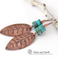 Natural Turquoise & Copper Feather Earrings - Earthy Rustic Southwest Style Jewelry